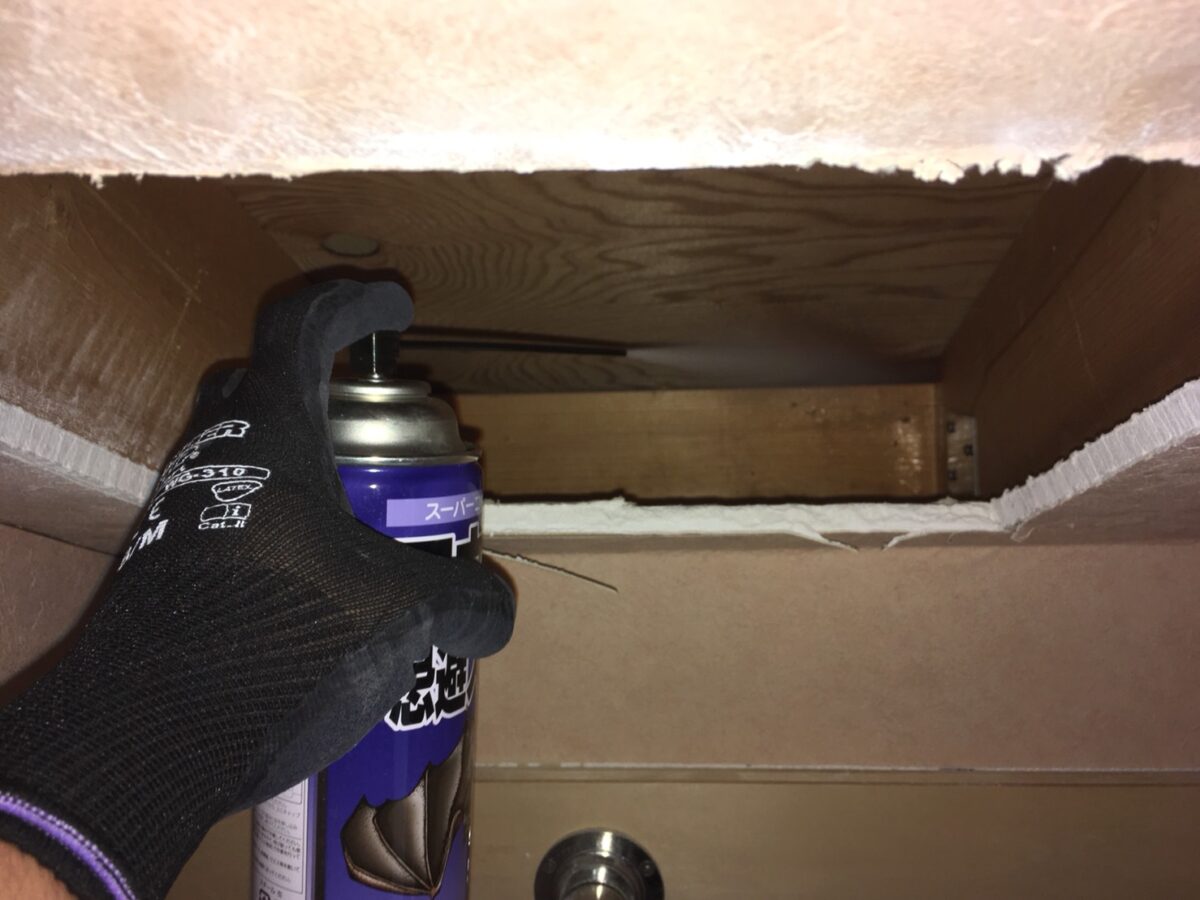 コウモリの追い出し作業で屋根裏へ忌避剤を噴霧