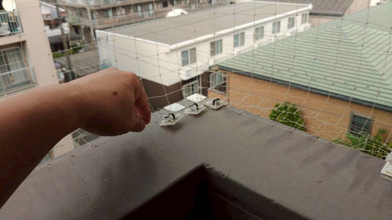 桶川市の鳩駆除：ベランダの角で防鳥ネットを固定する作業