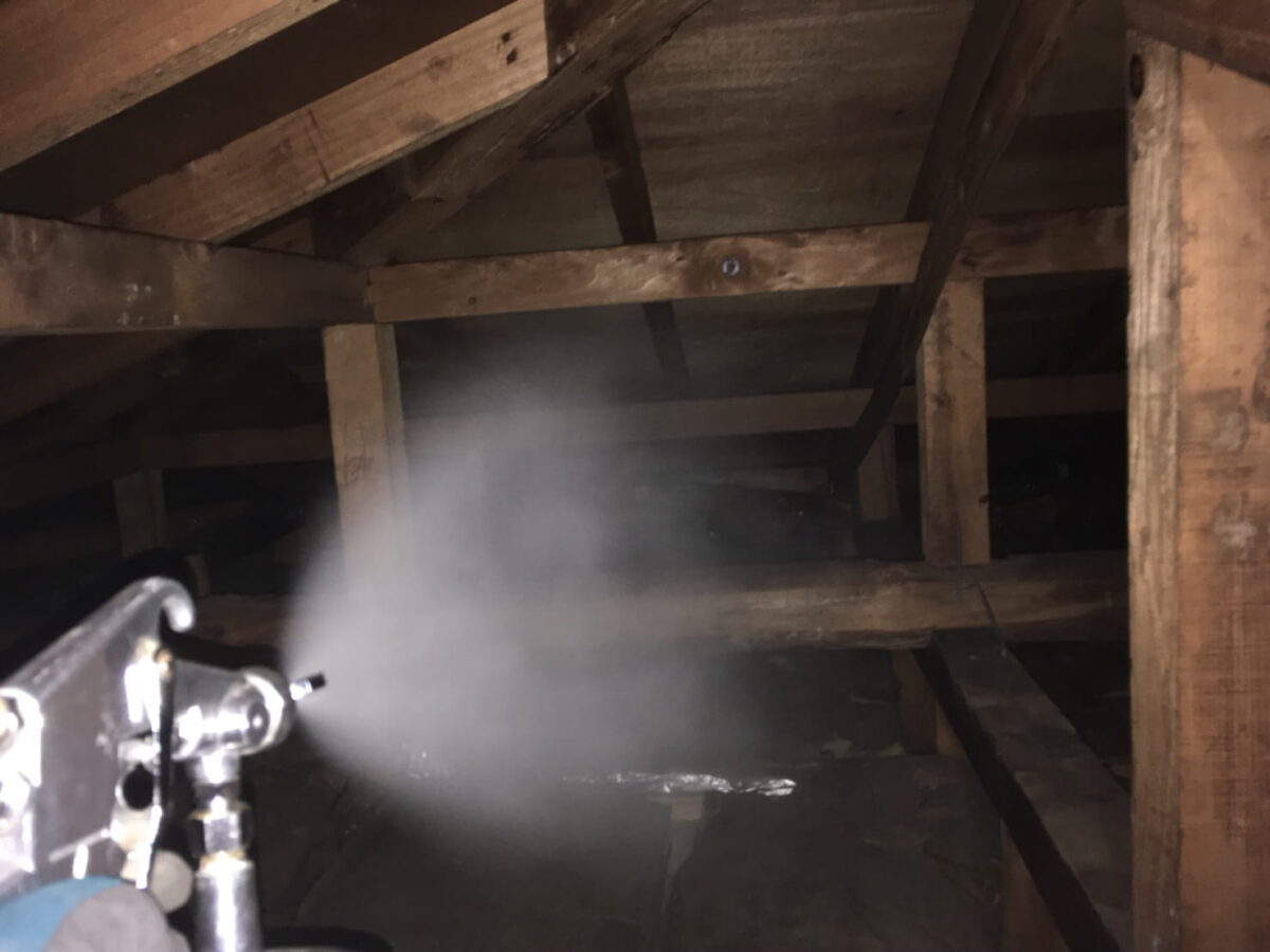 ネズミ対策の一環として天井裏で噴霧作業