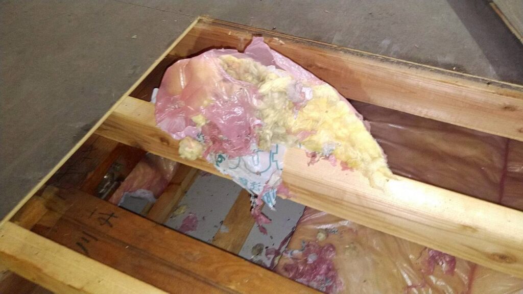 天井裏で断熱材の袋が破れ中身が露出している被害状況