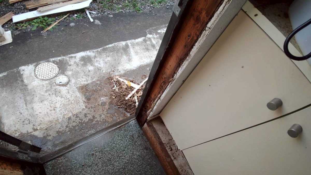 蕨市のシロアリ駆除の施工事例:扉脇の枠の足元と内部の木部を確認します